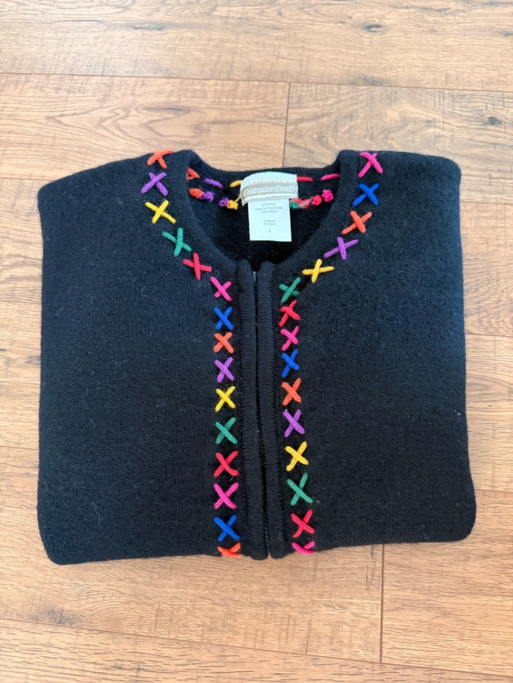 Coldwater Creek Black Cardigan with Rainbow Cross-Stitch Trim - size Large